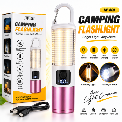 Rechargeable LED Camping Flashlight – 500 Lumens Portable Tactical Torch with Big Floodlight, Digital Battery Display & USB Charging
